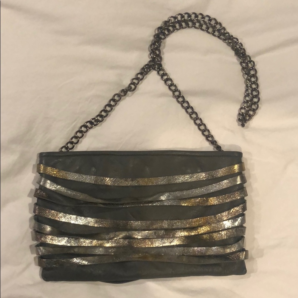 Gray leather crossbody w/metallic leather detail